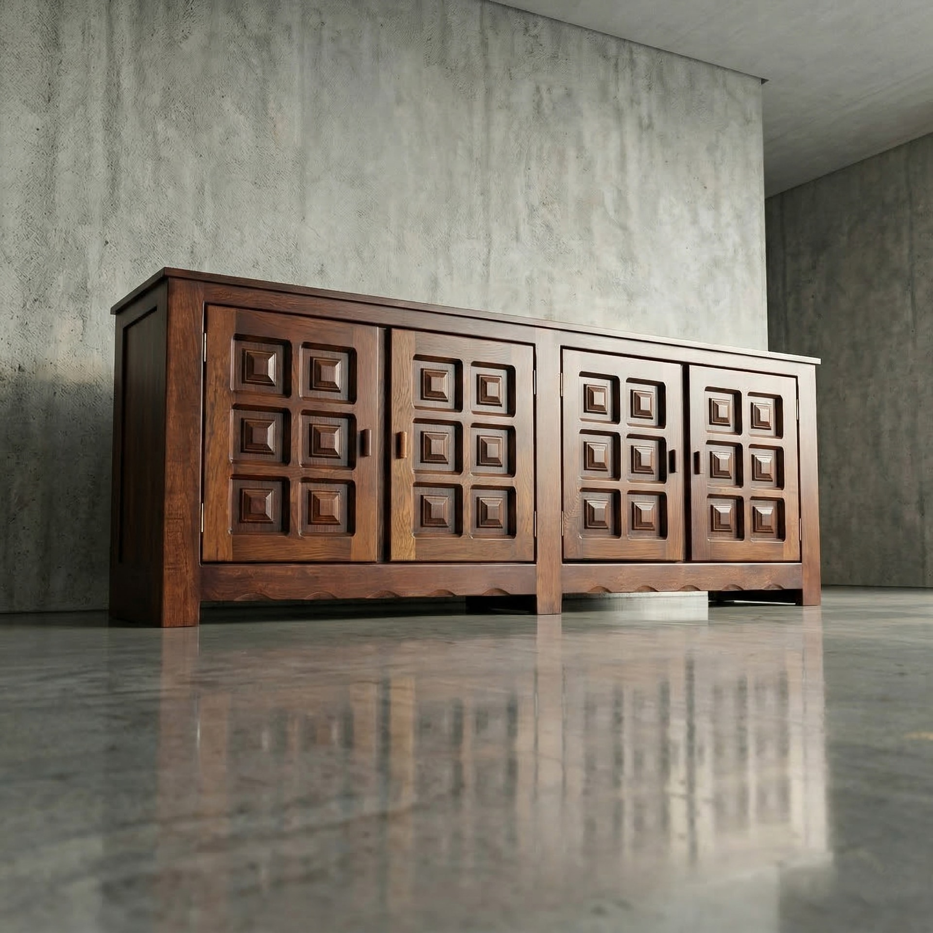 French Brutalist Solid Oak Four-Door Sideboard, 1960s by Unattributed