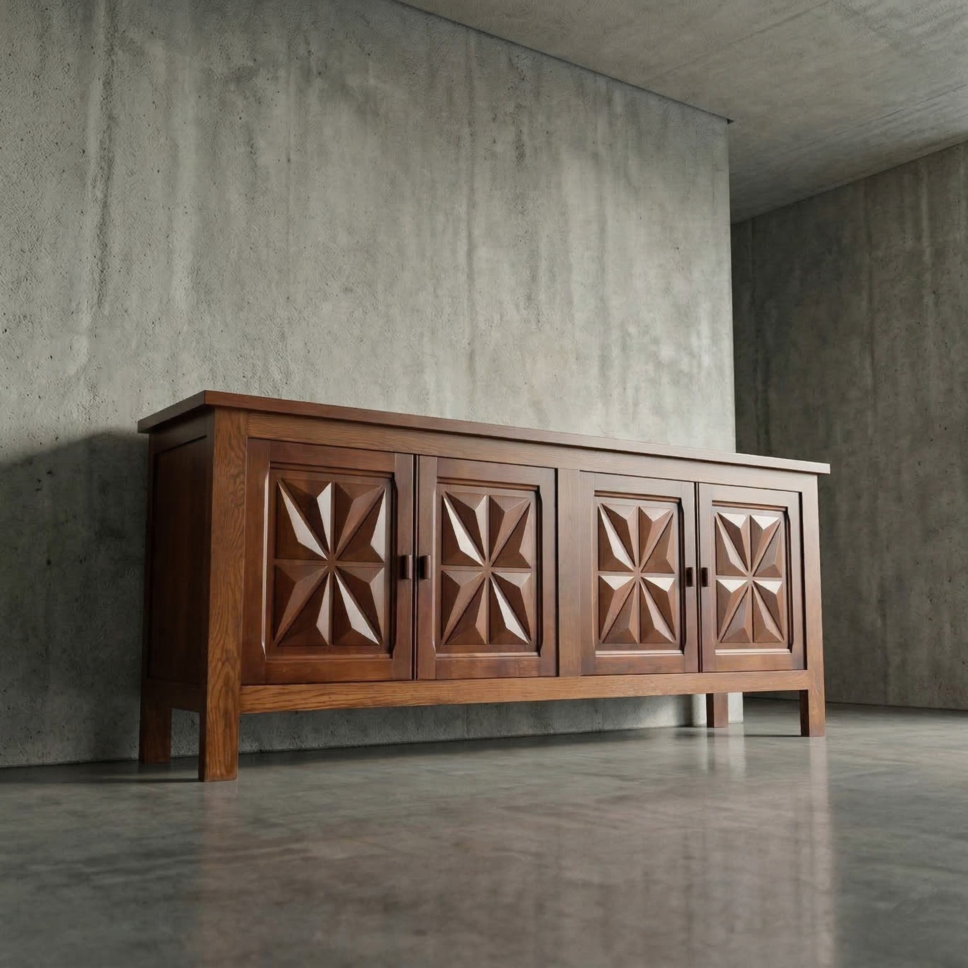 French Solid Oak Four-Door Geometric Enfilade, 1960s by Handmade