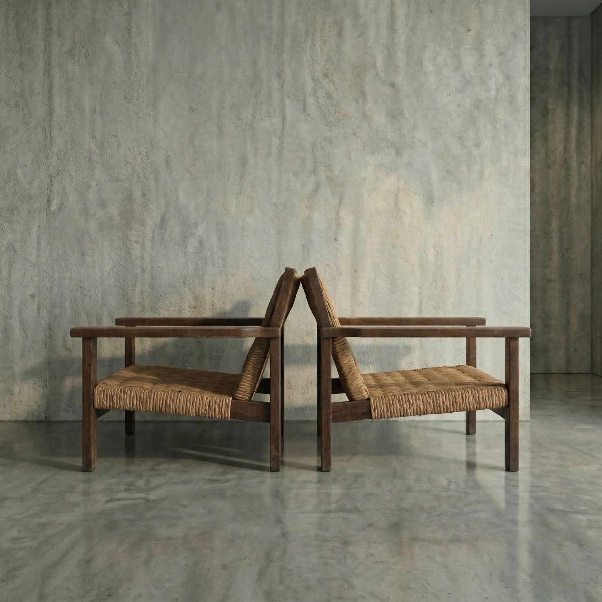 1960s Spanish Solid Wood and Woven Fiber Armchairs by Handmade