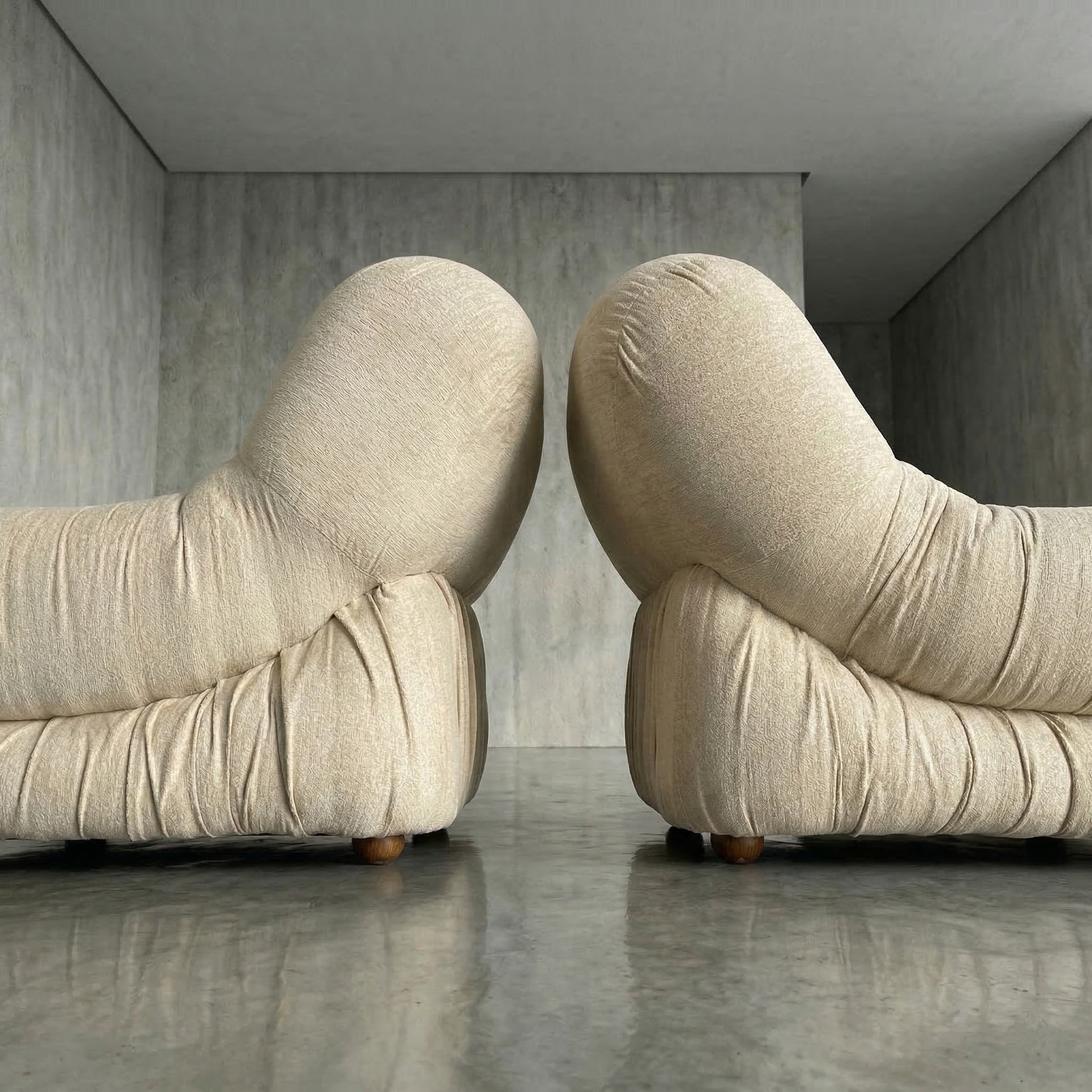 1970s Italian Lounge Chairs in Original Cream Velvet by Italian School, 1970s