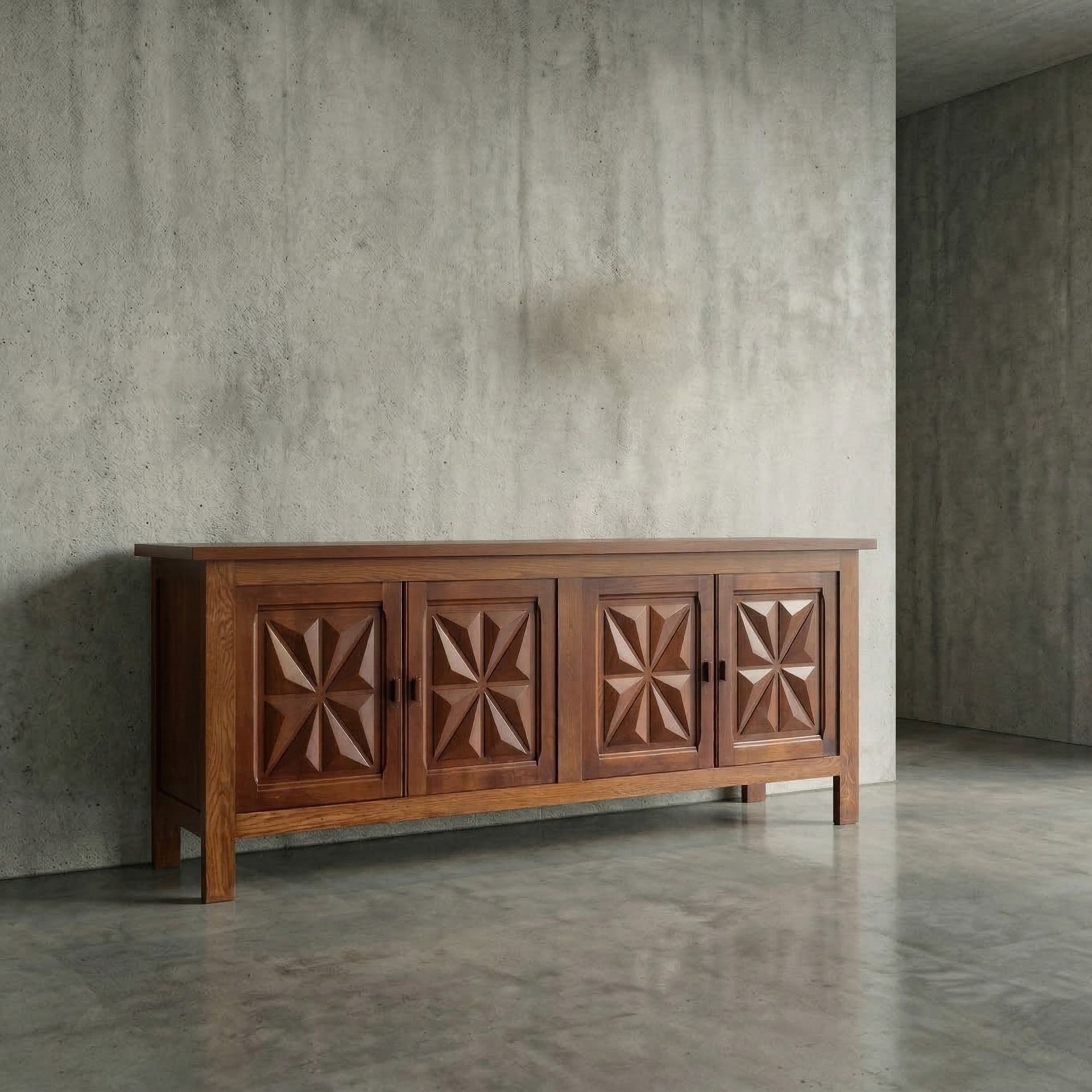 French Solid Oak Four-Door Geometric Enfilade, 1960s by Unattributed