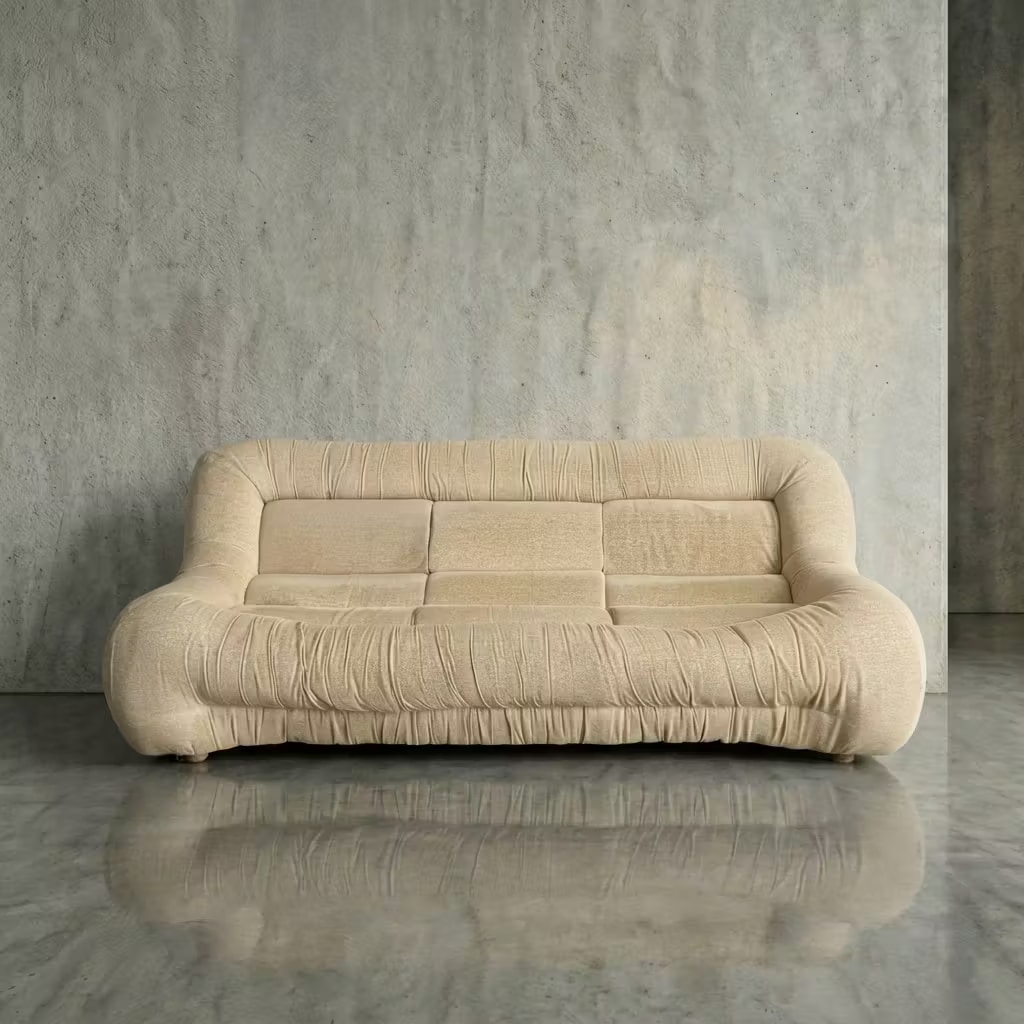 1970s Italian Off-White Ruched Fabric Three-Seater Lounge Sofa by Original Upholstery