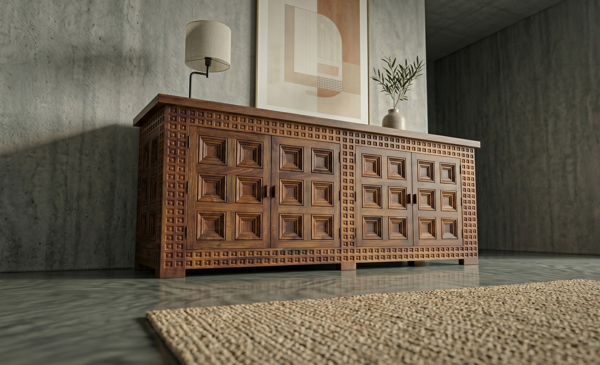 Spanish Solid Wood Brutalist Sideboard, 1960s - View 1